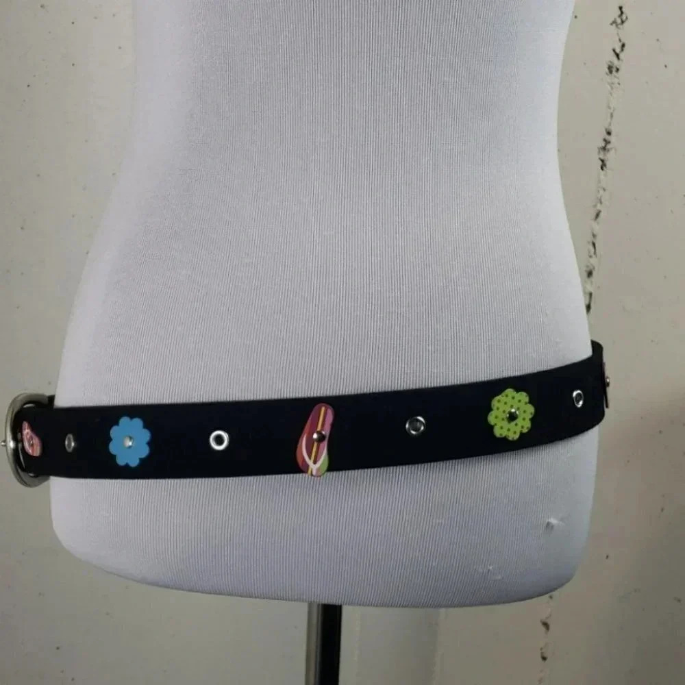 Beach Belt M Black canvas w/ flip flops & flowers